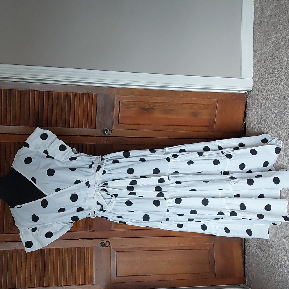 Studio EY White Black Pola Dot Ruffle Wrap Maxi Dress Sz 1X